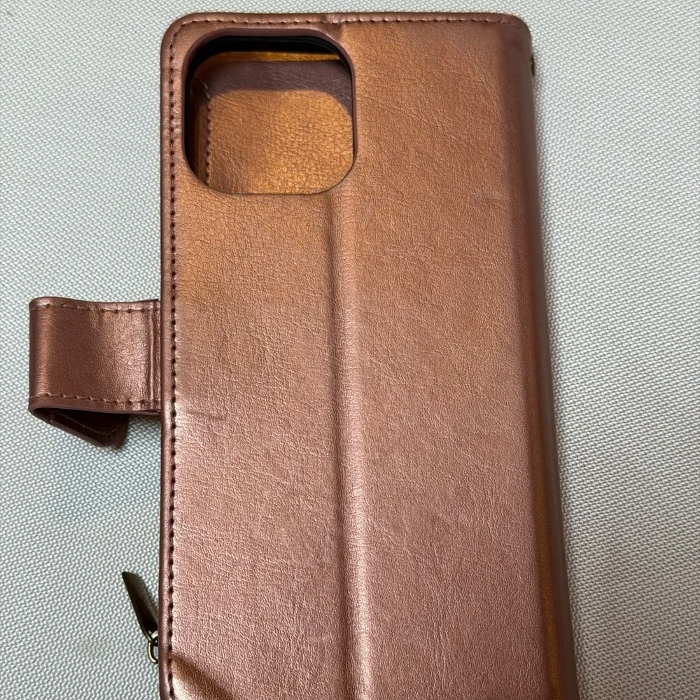 Pink Chrome IPhone 15  Leather Wallet 6 card slots